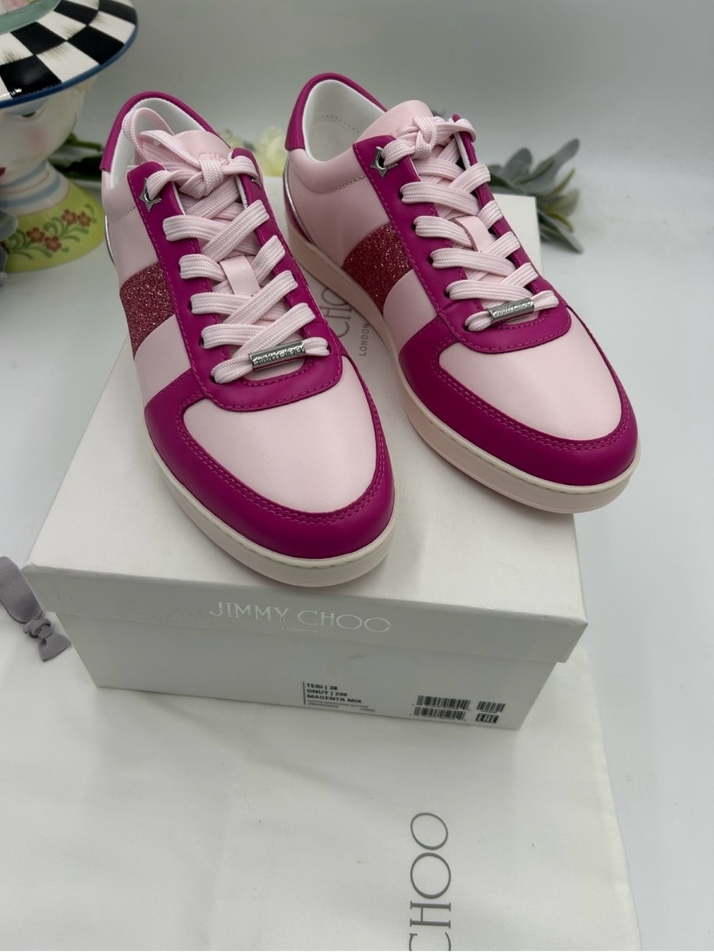 Women’s Jimmy Choo TERI magenta mix leather sneakers size 38 NWT